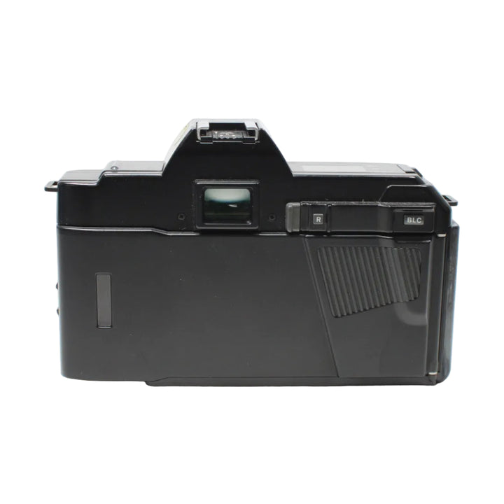 Black Minolta Maxxum 5000 rear view showing ergonomic grip, LCD panel, and R BLC buttons from ClubCamera.com