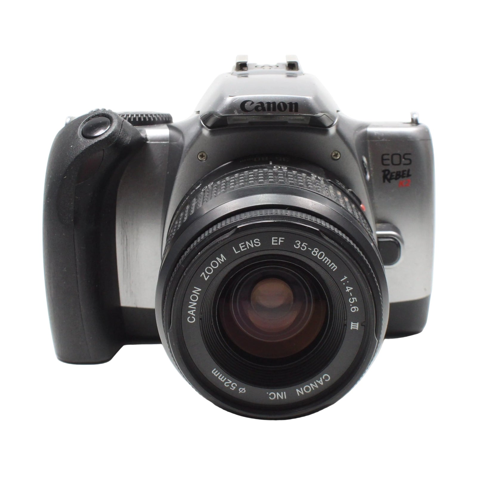 ClubCamera.com front view of silver Canon EOS Rebel K2 35mm SLR with EF 35-80mm f/4-5.6 III lens