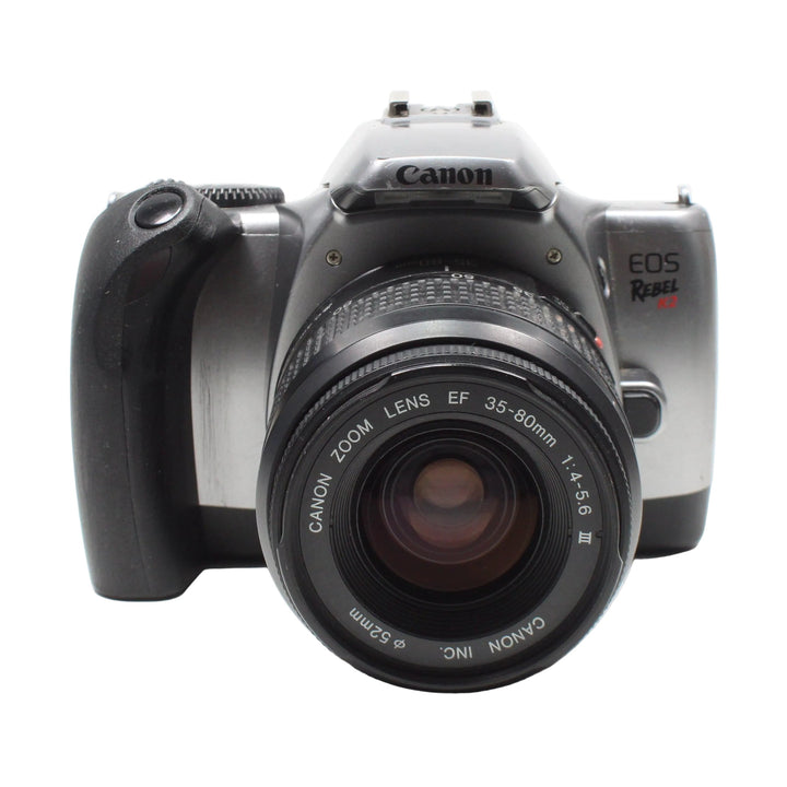 ClubCamera.com front view of silver Canon EOS Rebel K2 35mm SLR with EF 35-80mm f/4-5.6 III lens