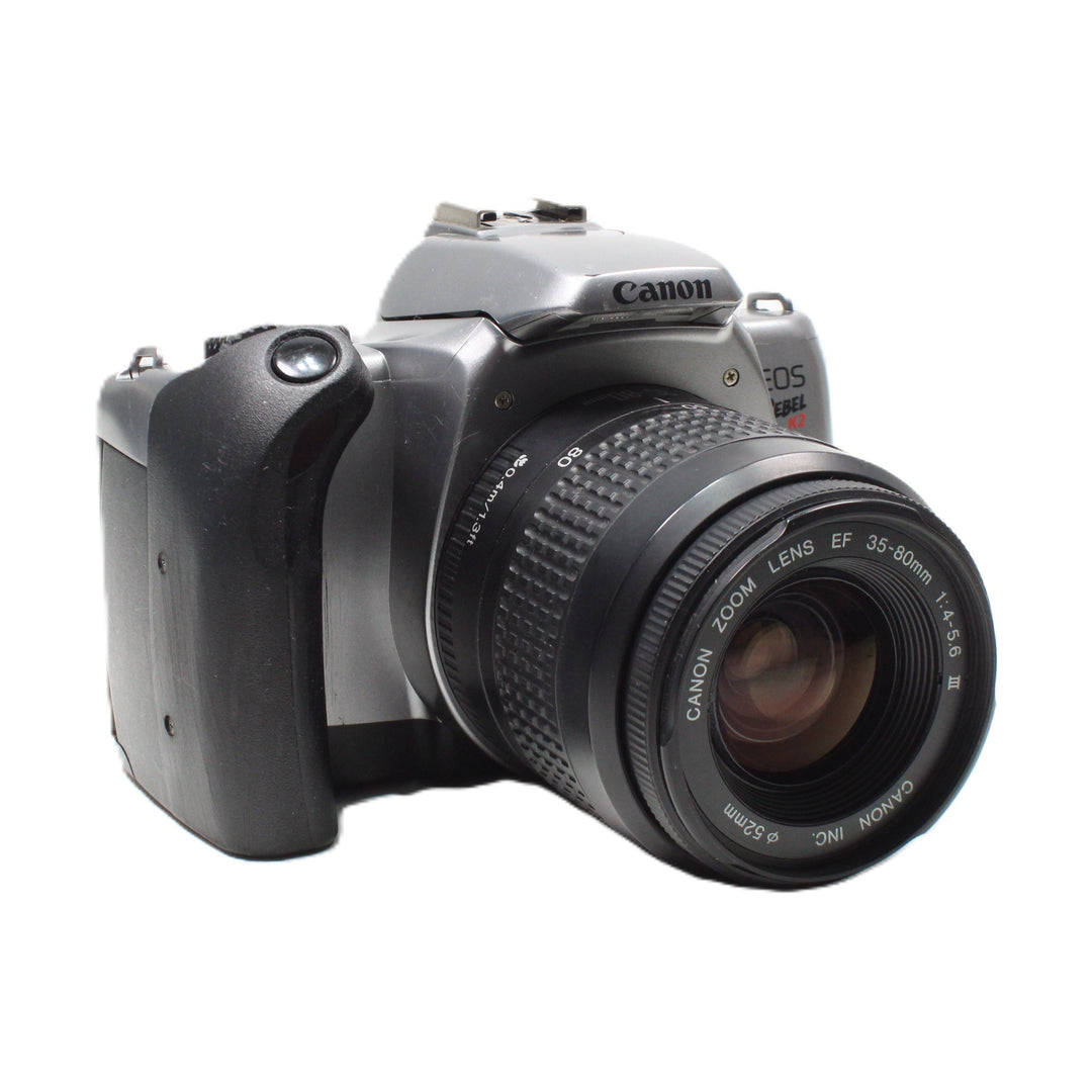 ClubCamera.com Canon EOS Rebel K2 silver SLR film camera with EF 35-80mm zoom lens and textured focus ring