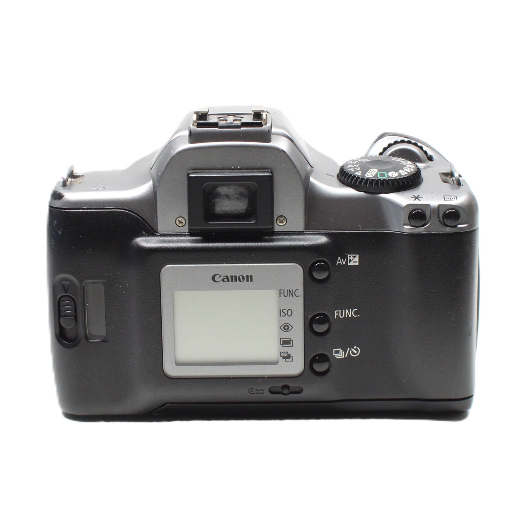 ClubCamera.com rear view of black Canon EOS Rebel K2 SLR with LCD screen, function buttons, and hot shoe