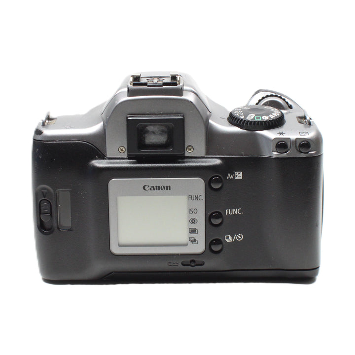 ClubCamera.com rear view of black Canon EOS Rebel K2 SLR with LCD screen, function buttons, and hot shoe