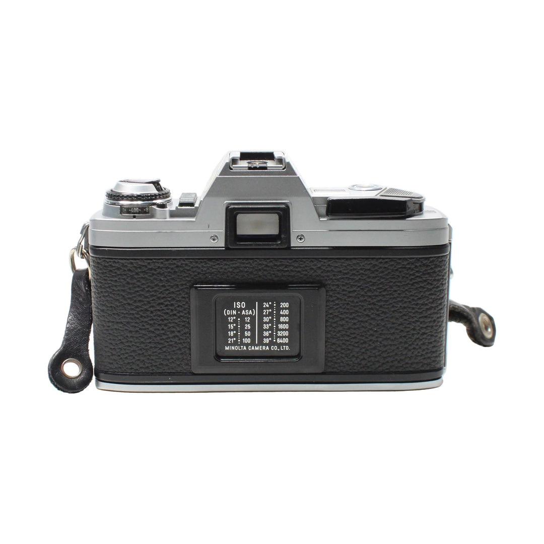 Minolta X-370 rear ISO guide plate and rewind knob with leather strap at ClubCamera.com