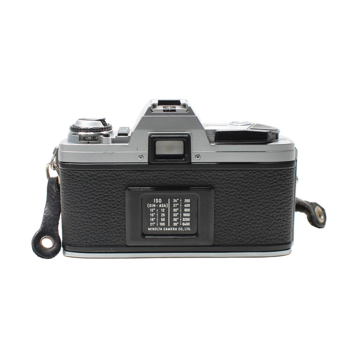 Minolta X-370 rear ISO guide plate and rewind knob with leather strap at ClubCamera.com