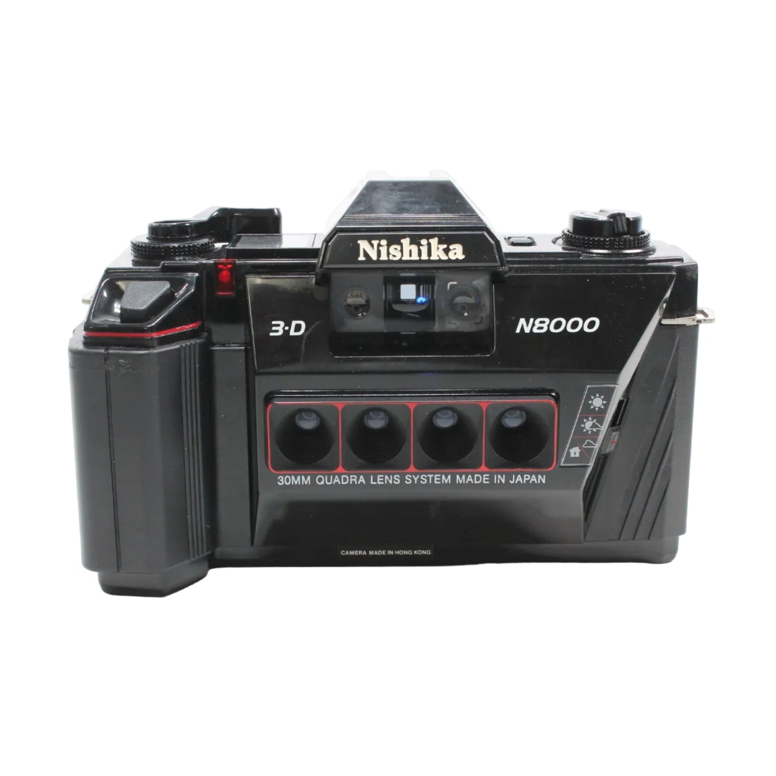 Front of black Nishika N8000 quad-lens 3D film camera with gold logo and red lens frame at ClubCamera.com