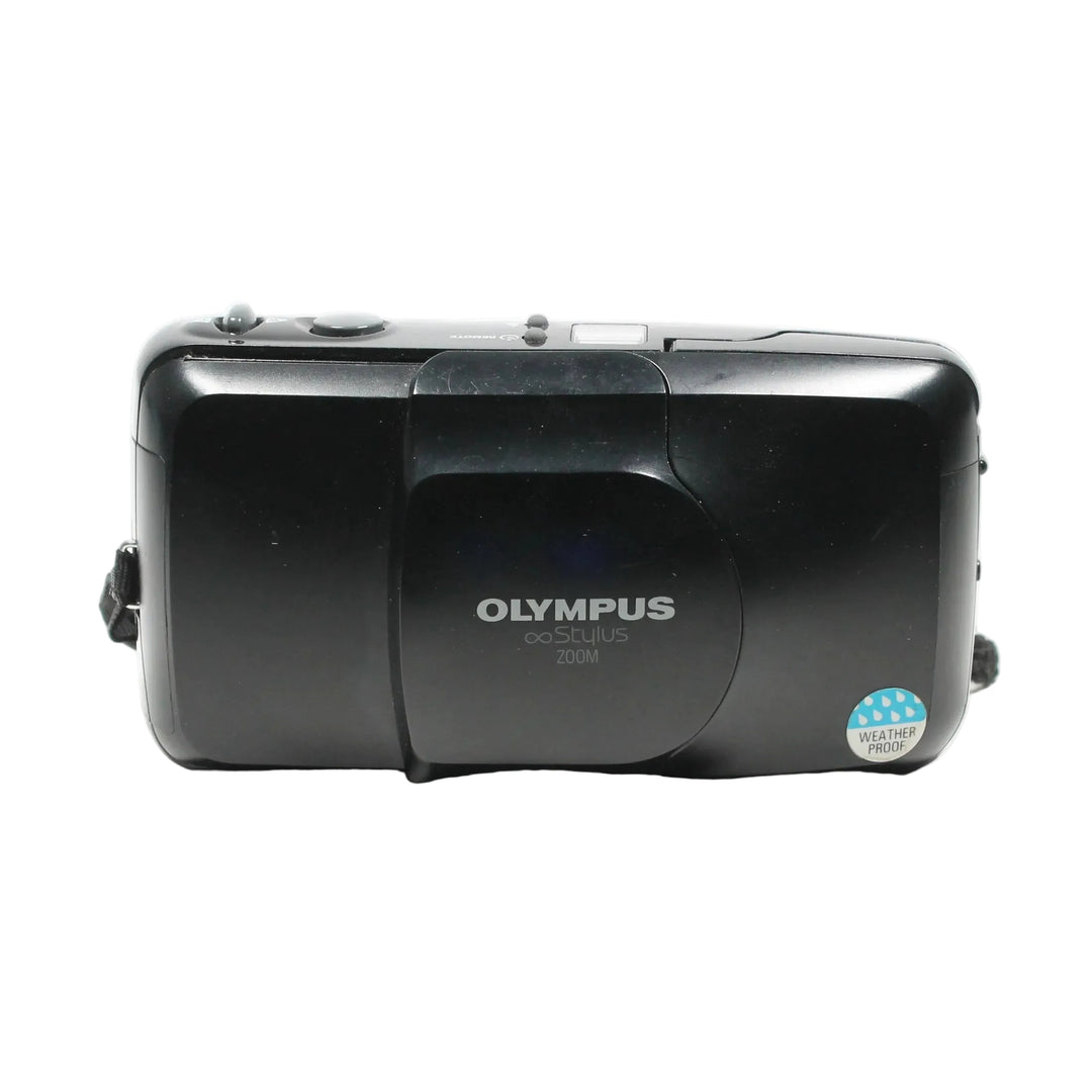 ClubCamera.com angled rear view of black Olympus Infinity Stylus Zoom 35-70mm film camera displaying logo and weatherproof badge