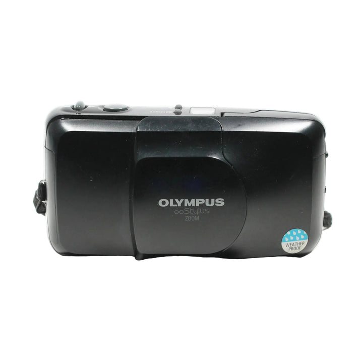 ClubCamera.com angled rear view of black Olympus Infinity Stylus Zoom 35-70mm film camera displaying logo and weatherproof badge