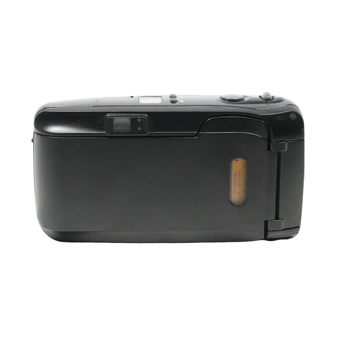 ClubCamera.com rear view of black Olympus Infinity Stylus Zoom 35-70mm film camera showing lens model sticker and film door