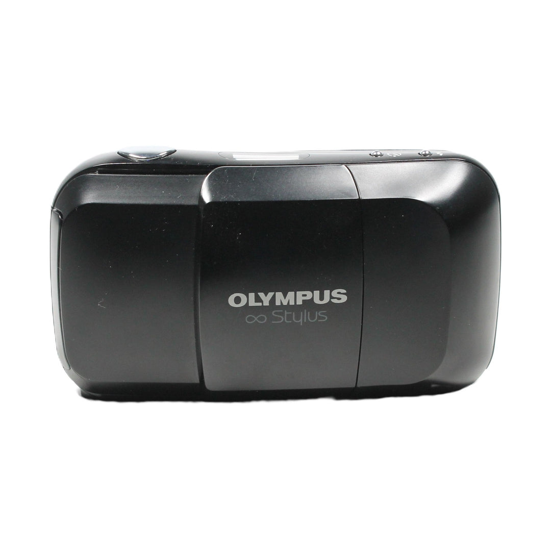 Black matte Olympus Infinity Stylus 35mm film camera rear view with sliding clamshell cover at ClubCamera.com
