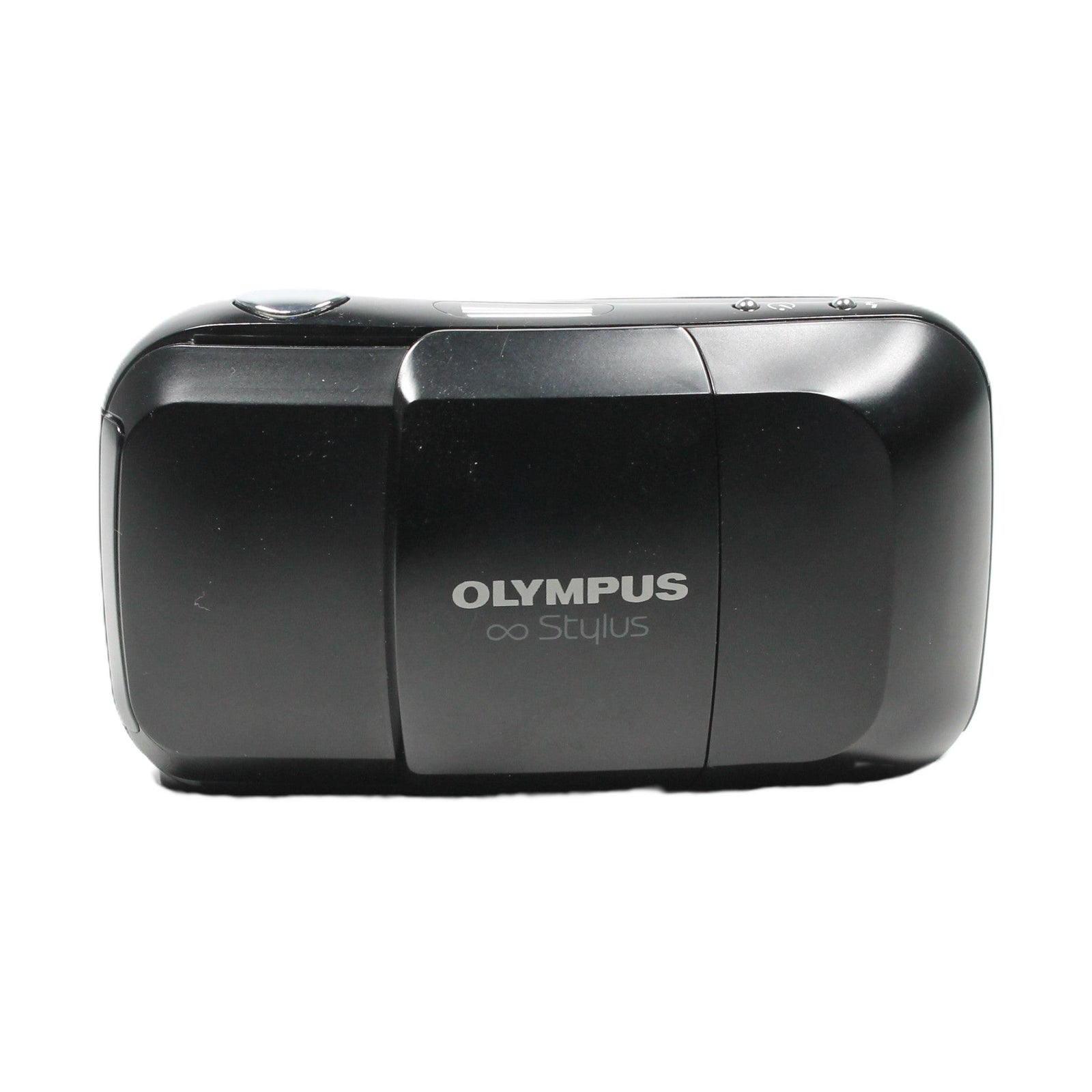 Black matte Olympus Infinity Stylus 35mm film camera rear view with sliding clamshell cover at ClubCamera.com