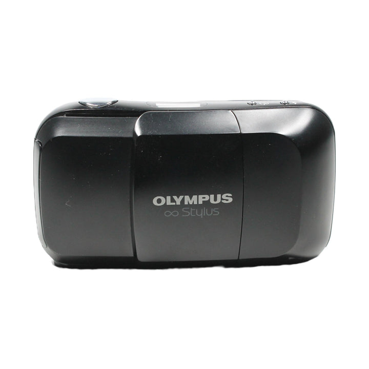 Black matte Olympus Infinity Stylus 35mm film camera rear view with sliding clamshell cover at ClubCamera.com