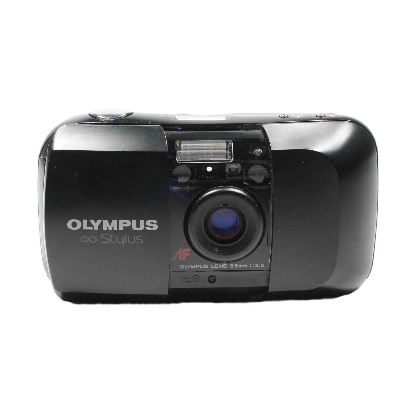 Open black Olympus Infinity Stylus 35mm f/3.5 point and shoot film camera front lens flash detail at ClubCamera.com