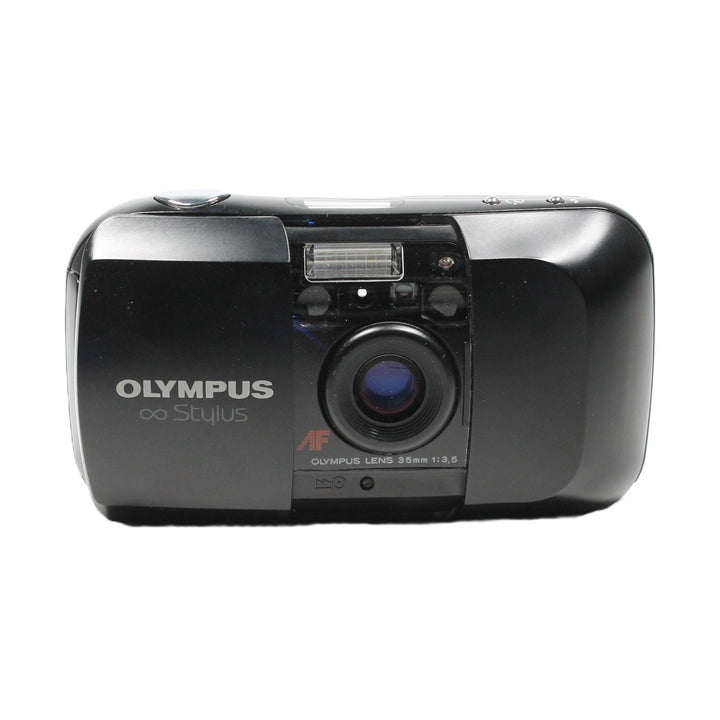 Open black Olympus Infinity Stylus 35mm f/3.5 point and shoot film camera front lens flash detail at ClubCamera.com