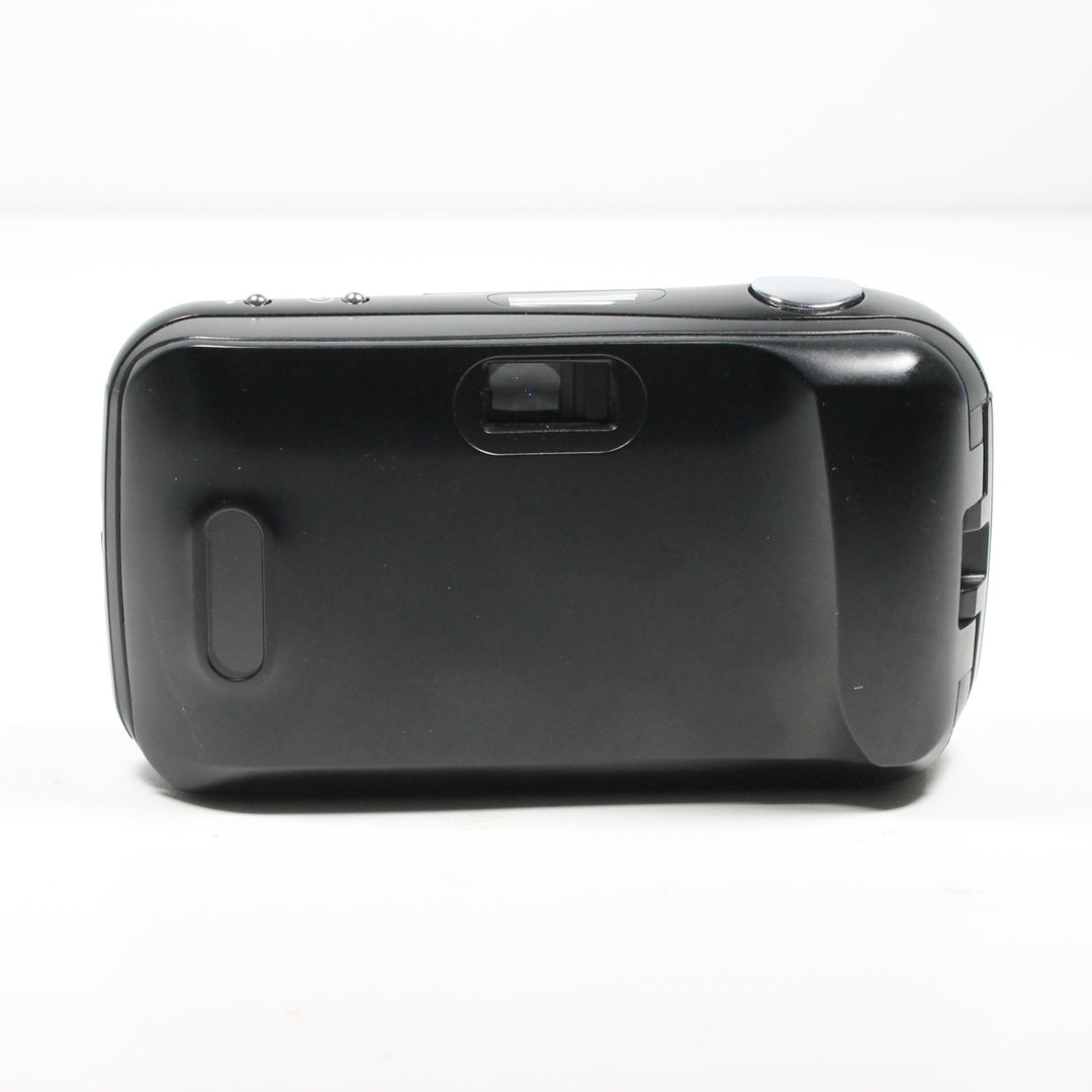 ClubCamera.com minimalist rear view of compact black Olympus Infinity Stylus camera with matte finish and film advance window