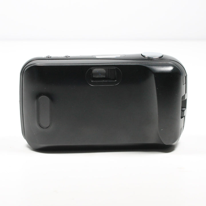 ClubCamera.com minimalist rear view of compact black Olympus Infinity Stylus camera with matte finish and film advance window