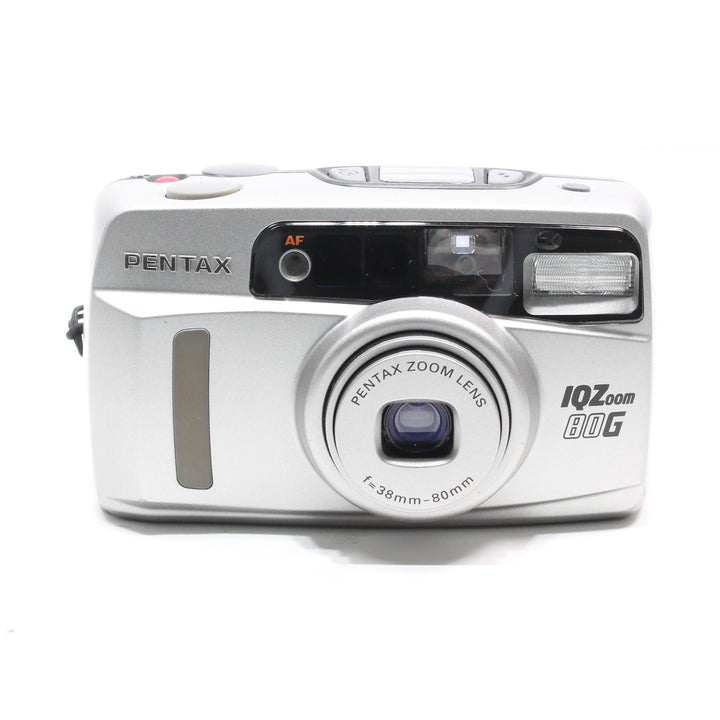 ClubCamera.com silver Pentax IQ Zoom 80-G 35mm film camera with 38-80mm zoom lens and purple glass element