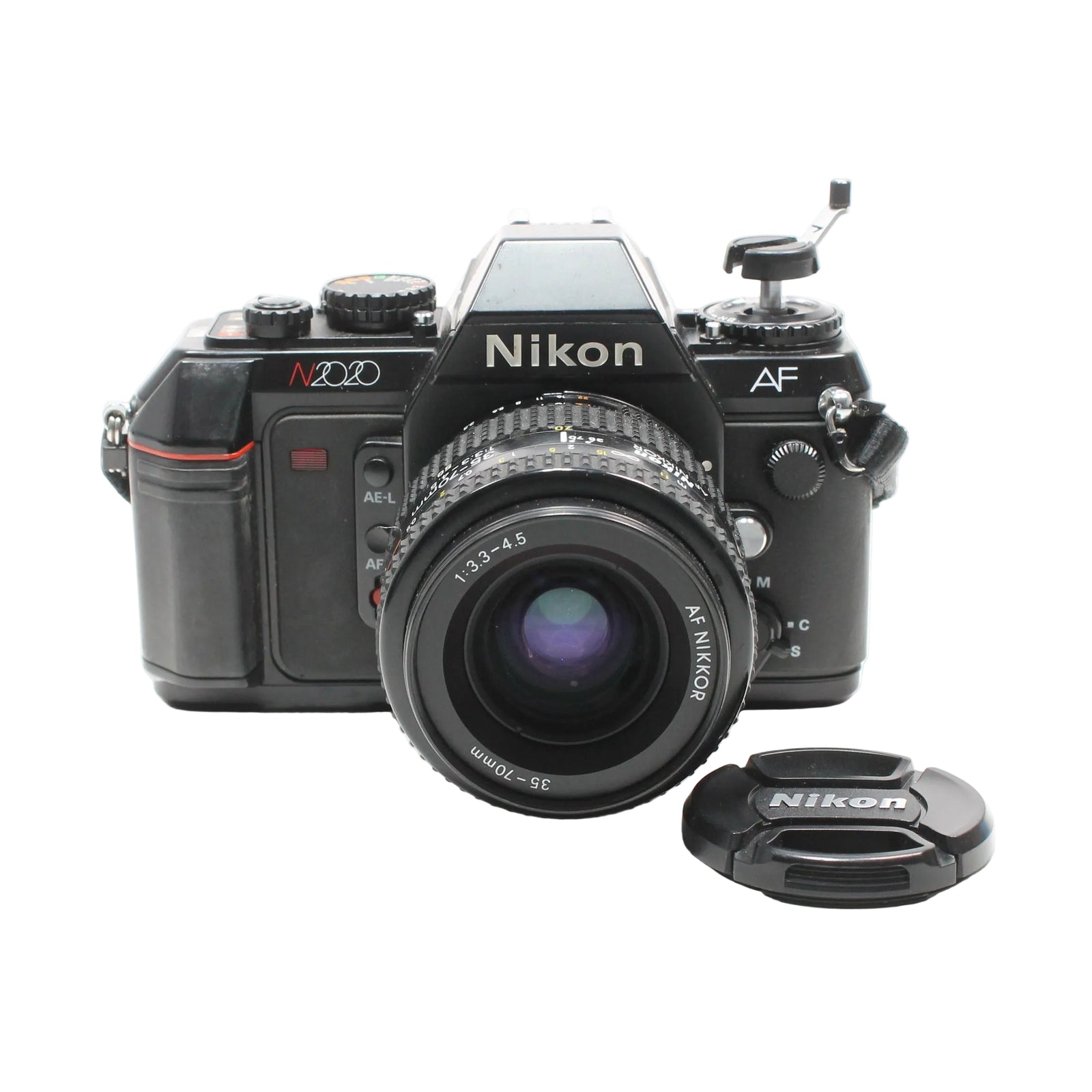 Front profile of Nikon N2020 35mm film camera with purple coated lens glass available at ClubCamera.com