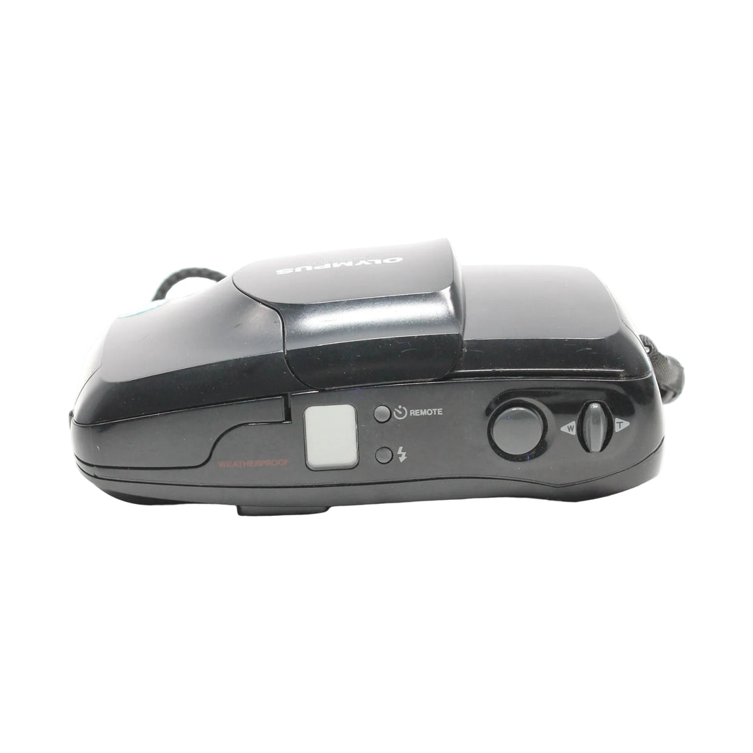 ClubCamera.com black Olympus Infinity Stylus Zoom 35-70mm film camera side profile with sliding clamshell cover and weatherproof grip