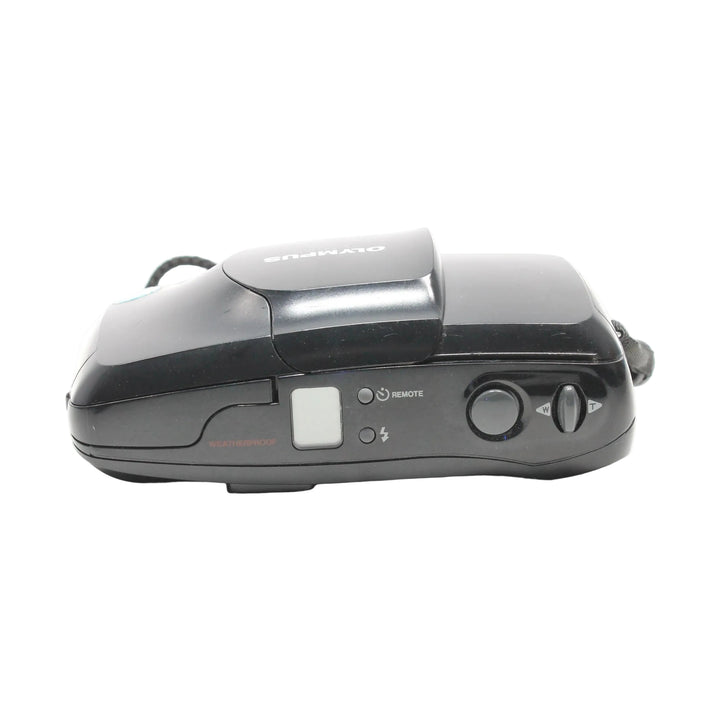 ClubCamera.com black Olympus Infinity Stylus Zoom 35-70mm film camera side profile with sliding clamshell cover and weatherproof grip