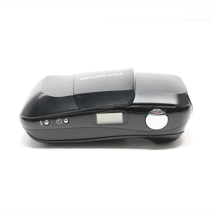 ClubCamera.com side profile of slim black Olympus Infinity Stylus film camera showing control buttons and LCD display