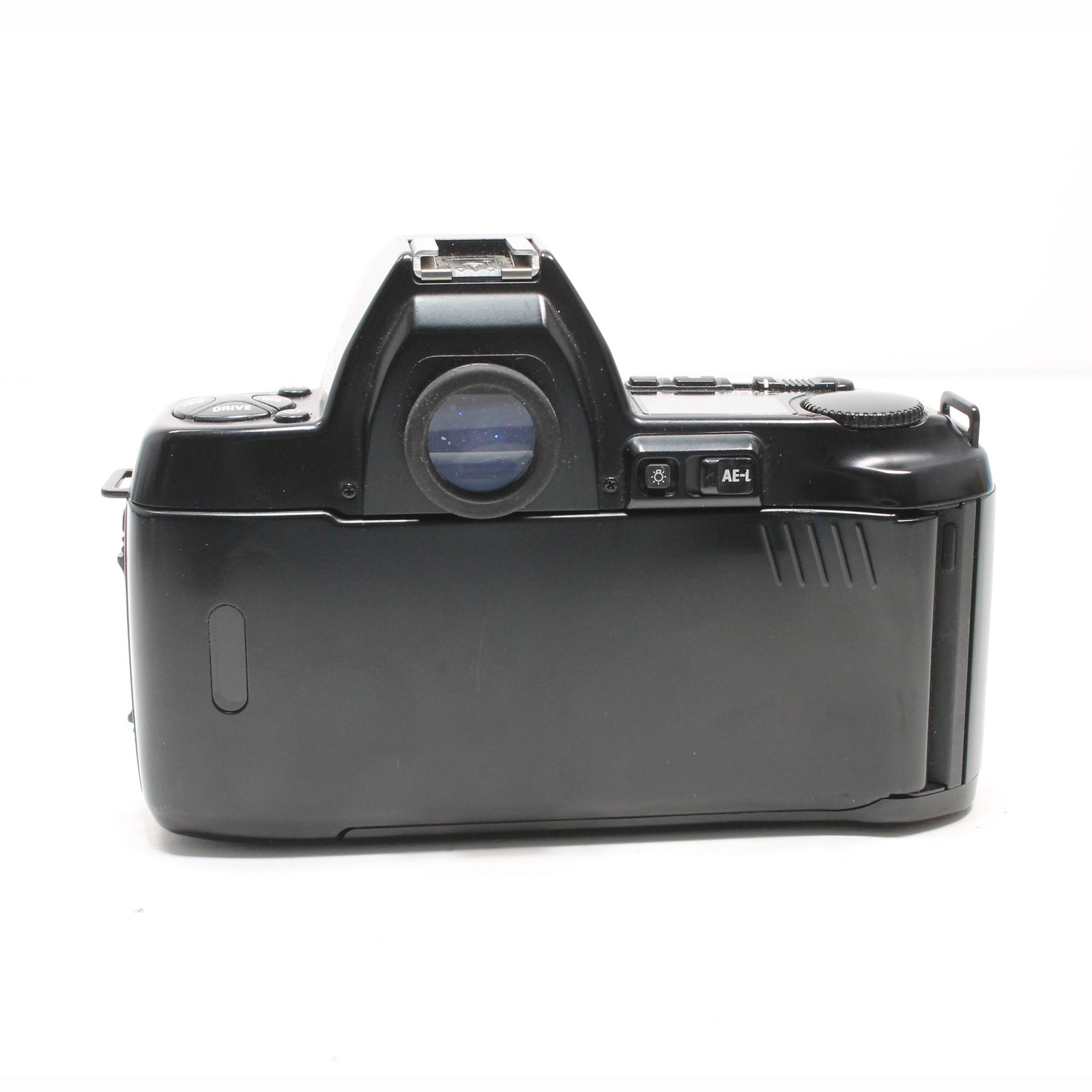 Rear view of black Nikon N8008s 35mm SLR showing viewfinder eyepiece and battery compartment from ClubCamera.com