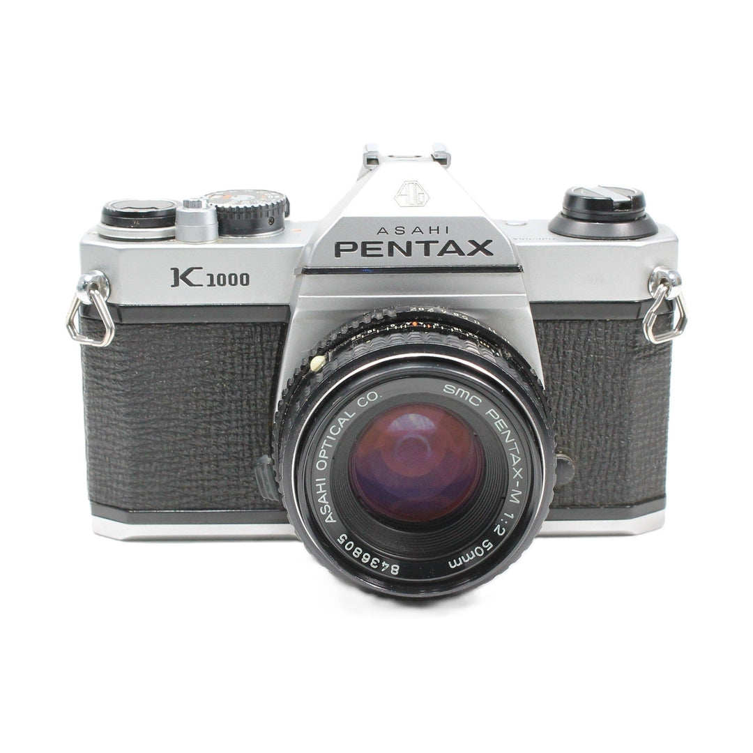 ClubCamera.com Pentax K1000 silver 35mm SLR film camera kit with SMC Pentax-M 50mm f/2 lens and textured grip
