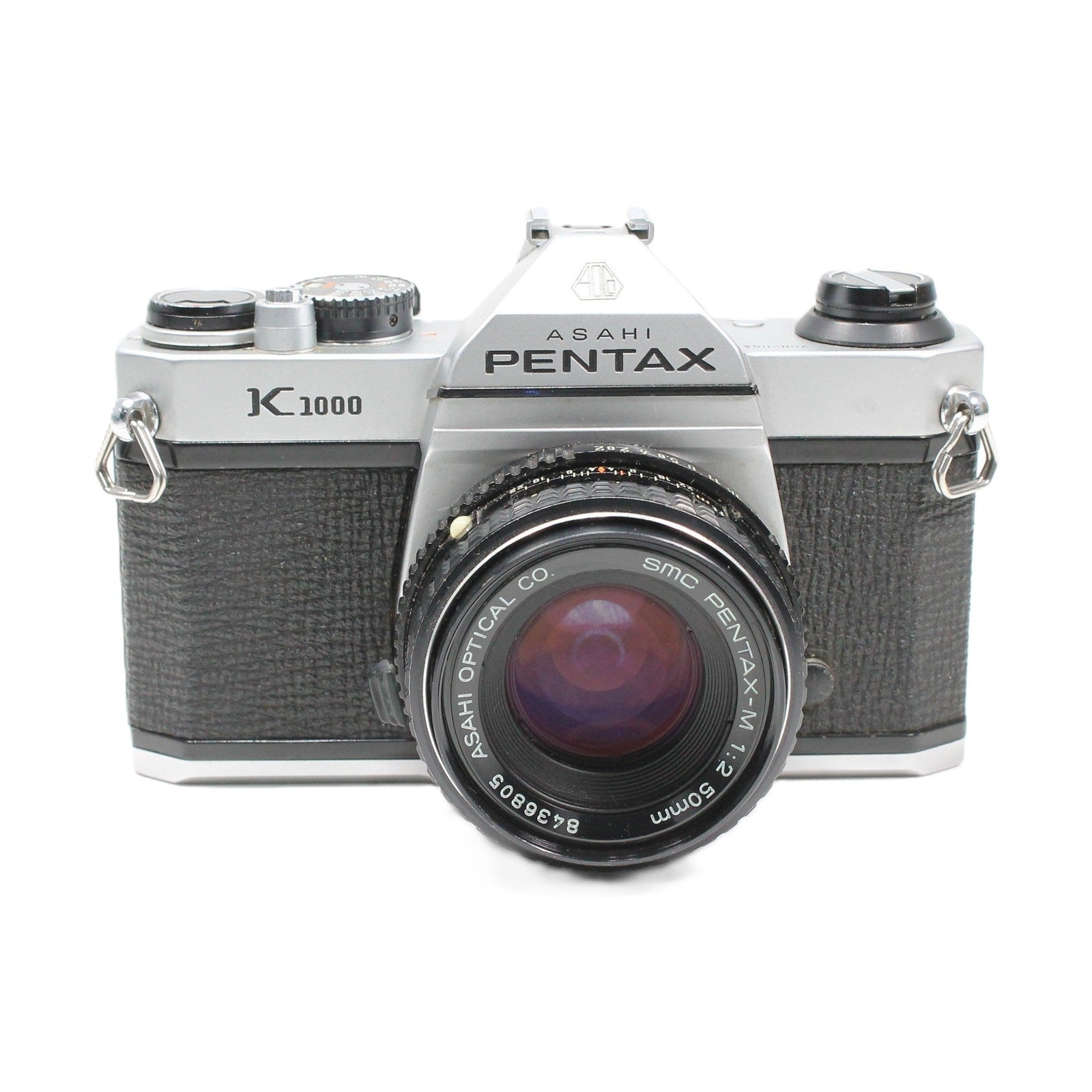 ClubCamera.com Pentax K1000 silver 35mm SLR film camera kit with SMC Pentax-M 50mm f/2 lens and textured grip