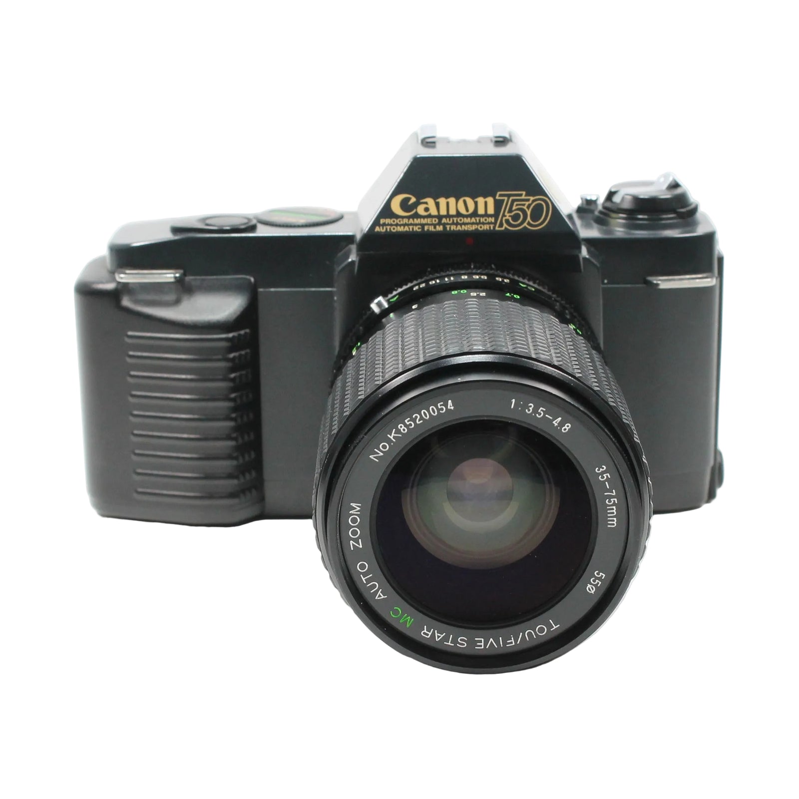 Close-up of Canon T50 75mm AUTO ZOOM lens specs on white background