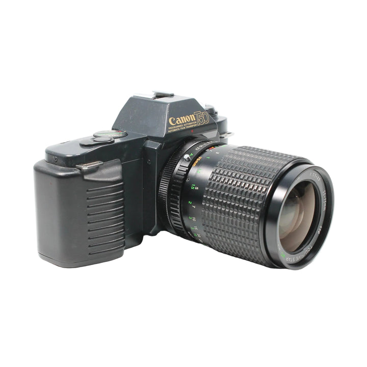 Side profile of black Canon T50 SLR highlighting ribbed grip and 35-75mm lens