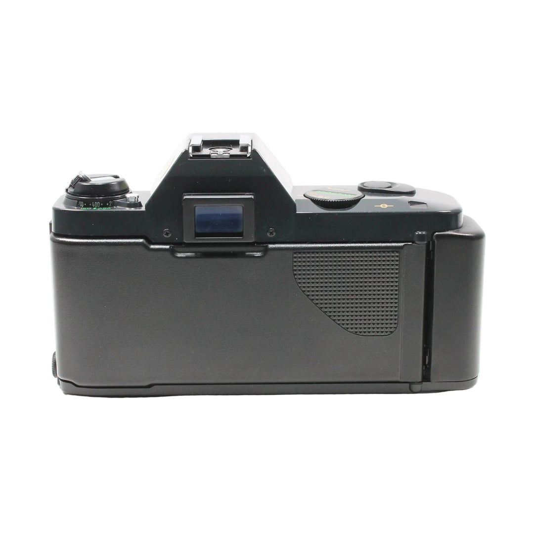 Rear view of Canon T50 35mm SLR body without lens showing viewfinder and controls