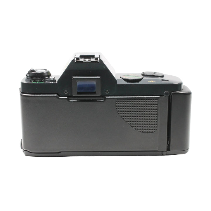 Rear view of Canon T50 35mm SLR body without lens showing viewfinder and controls