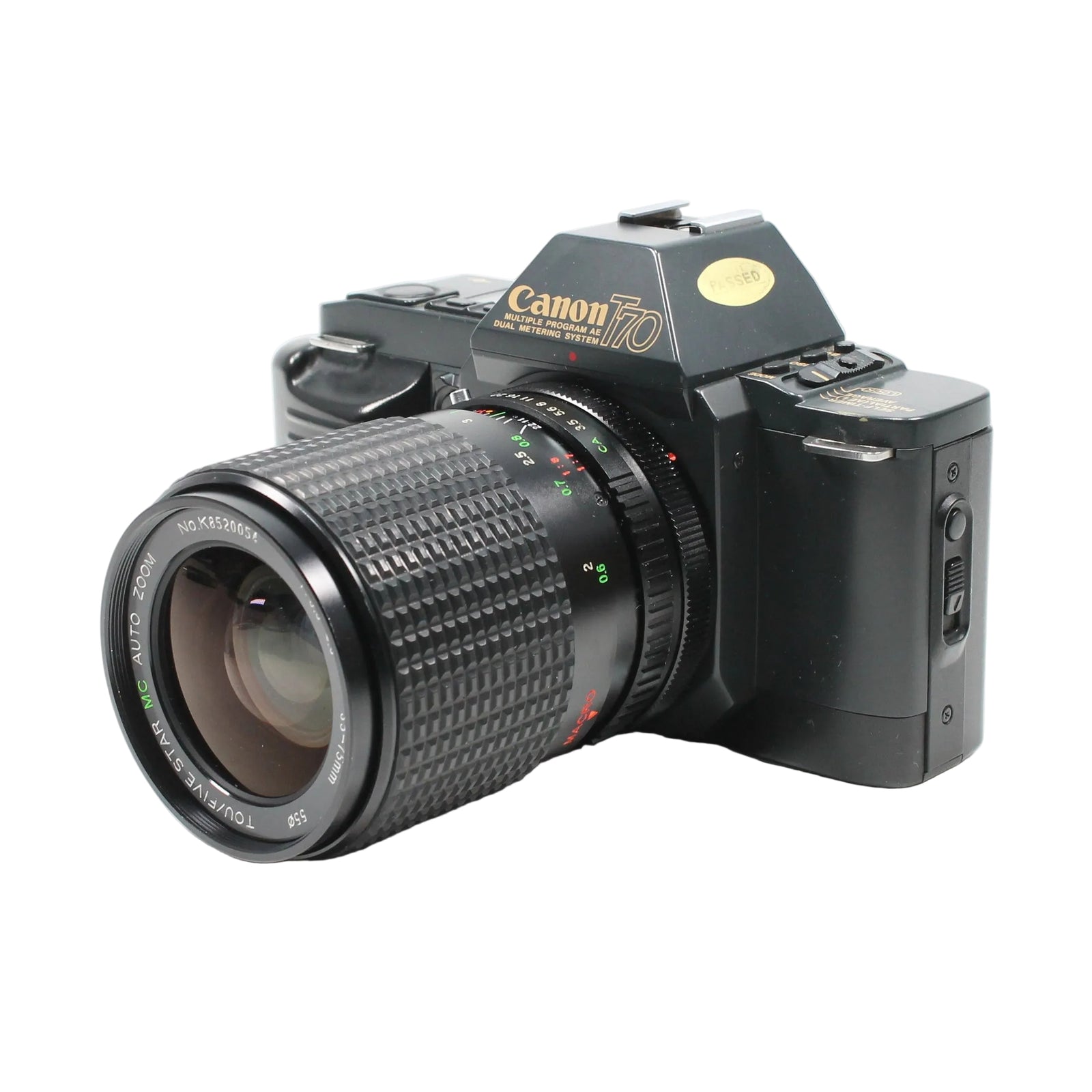 Black Canon T70 vintage SLR camera with Tou/Five Star 550 zoom lens from ClubCamera.com