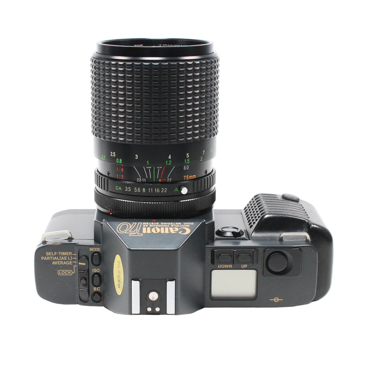 Top view of Canon T70 35mm SLR showing Dual Metering System and LCD screen at ClubCamera.com