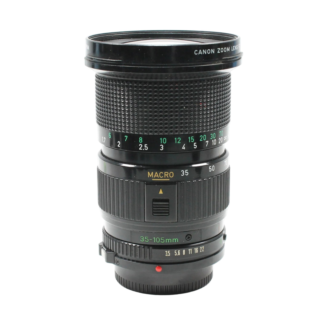 ClubCamera.com Canon FD 35-105mm f/3.5 manual focus zoom lens with green markings and gold MACRO text