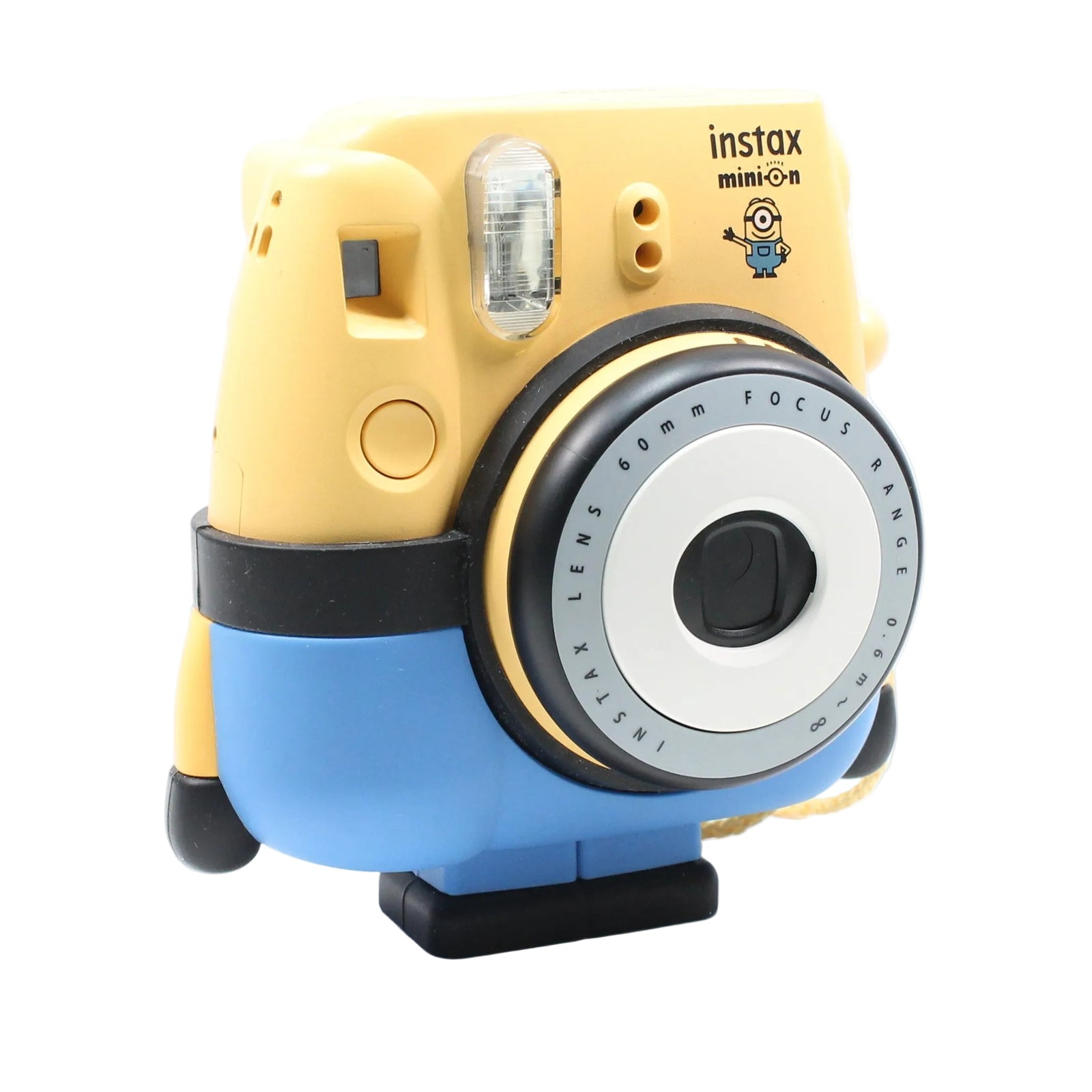 Yellow and blue Minion Instax Mini 8 side profile view showing ergonomic grip and compact size from ClubCamera.com