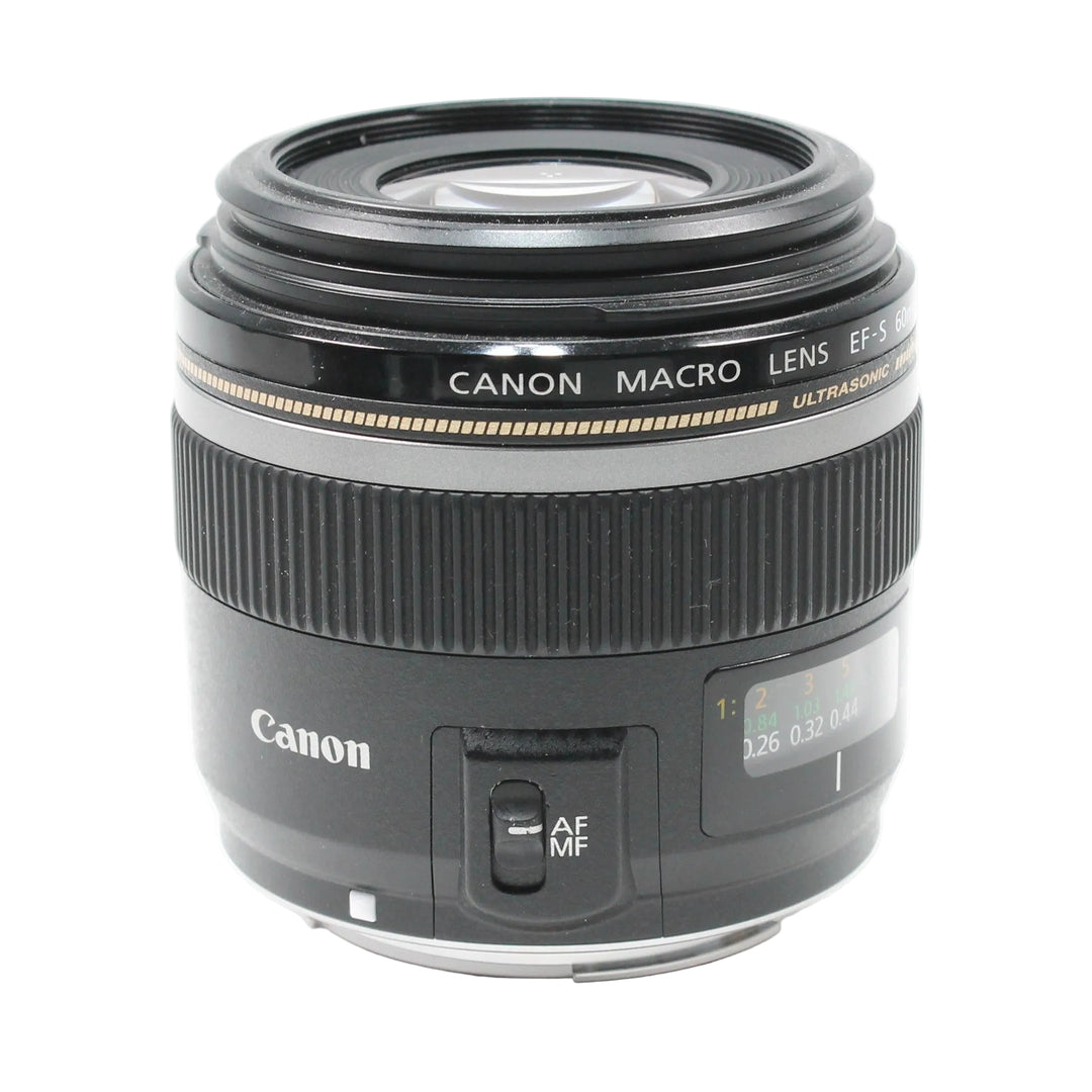 ClubCamera.com Canon EF-S 60mm f/2.8 Macro USM lens front shot with AF/MF switch and distance scale window