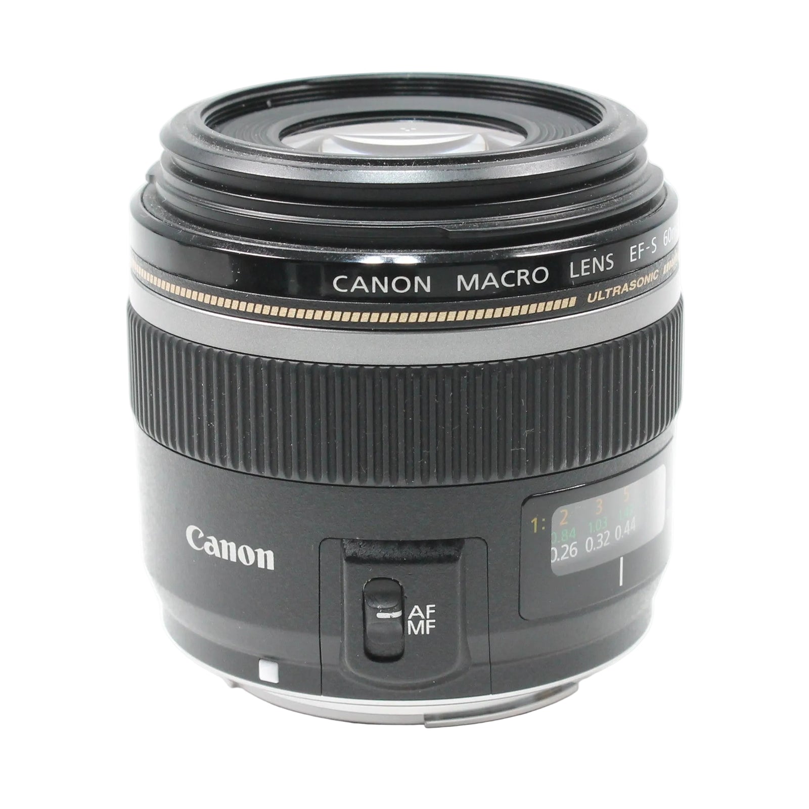 ClubCamera.com Canon EF-S 60mm f/2.8 Macro USM lens front shot with AF/MF switch and distance scale window