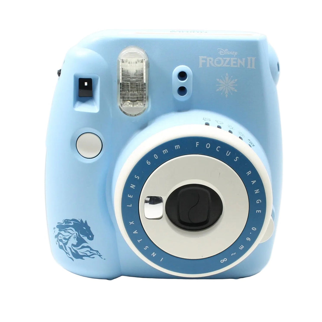 ClubCamera.com centered shot of light blue Instax Mini 8 Frozen Edition instant camera with snowflake logo and matte finish