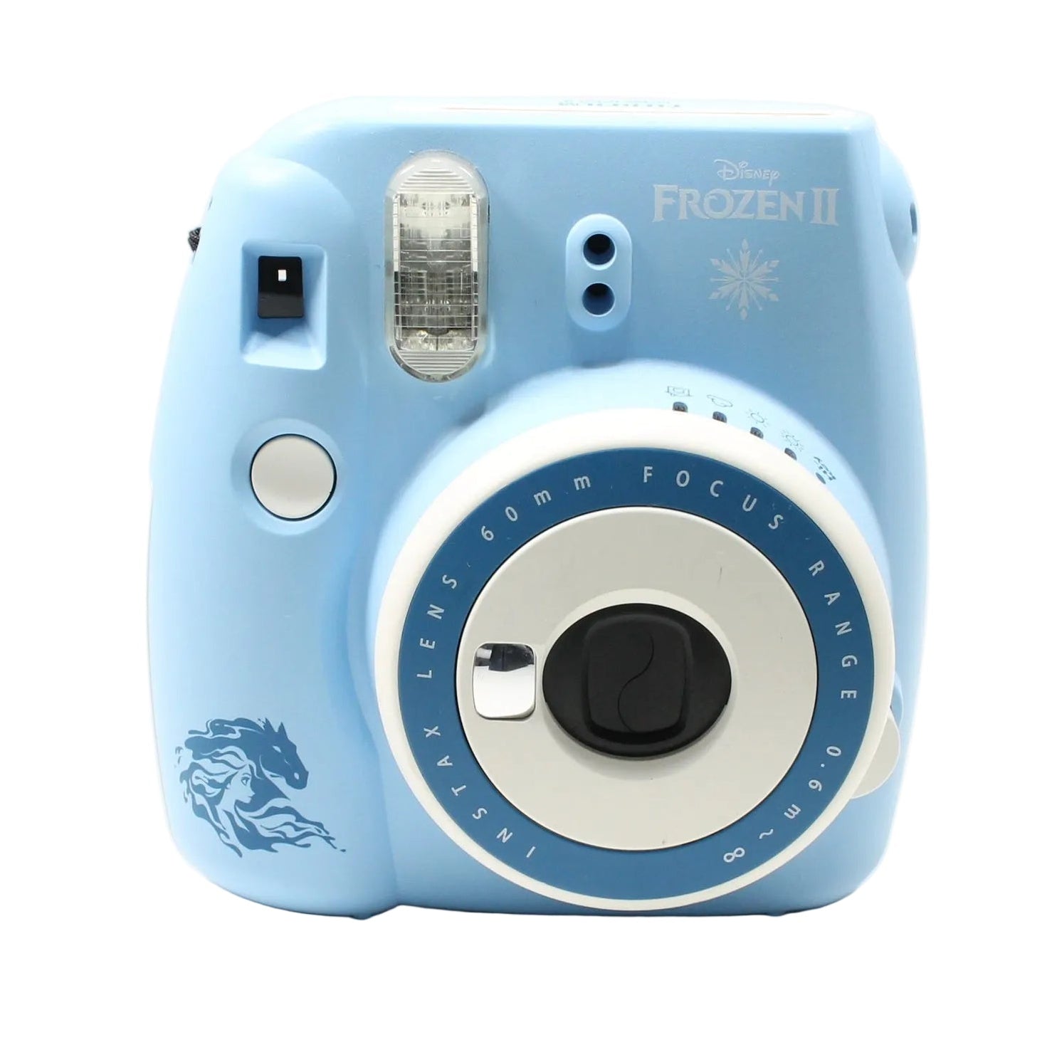 ClubCamera.com centered shot of light blue Instax Mini 8 Frozen Edition instant camera with snowflake logo and matte finish