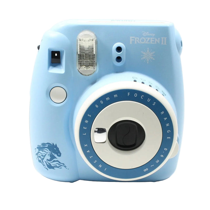 ClubCamera.com centered shot of light blue Instax Mini 8 Frozen Edition instant camera with snowflake logo and matte finish