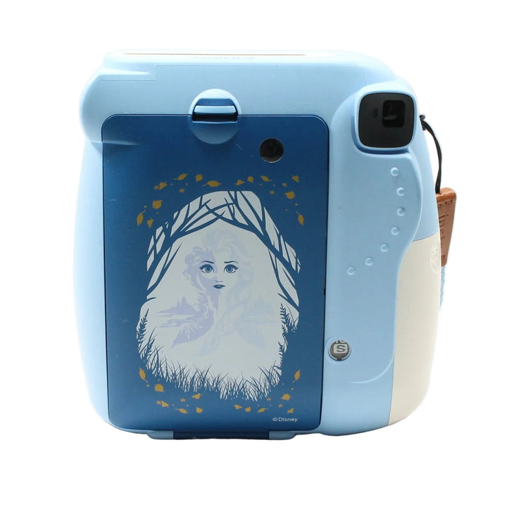 ClubCamera.com rear view of light blue Fujifilm Instax Mini 8 Frozen Edition camera with Elsa portrait and golden leaves design