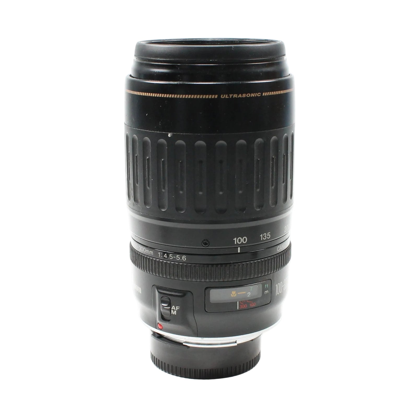 ClubCamera.com Canon EF 100-300mm f/4.5-5.6 USM lens upright view highlighting control panel and white focal length markers