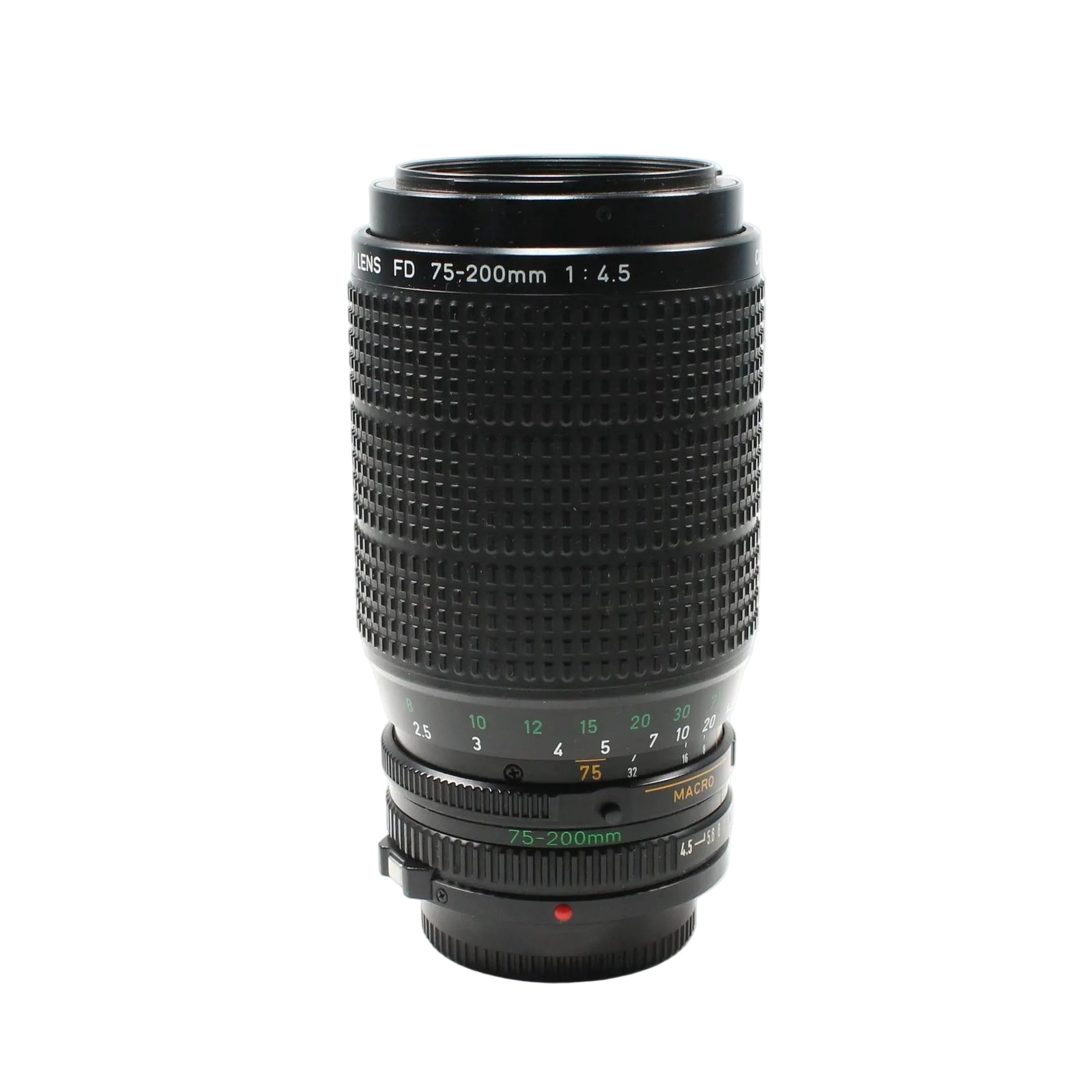 Canon FD 75-200mm f/4.5 lens at ClubCamera.com showing textured grip ring and green focal length markings