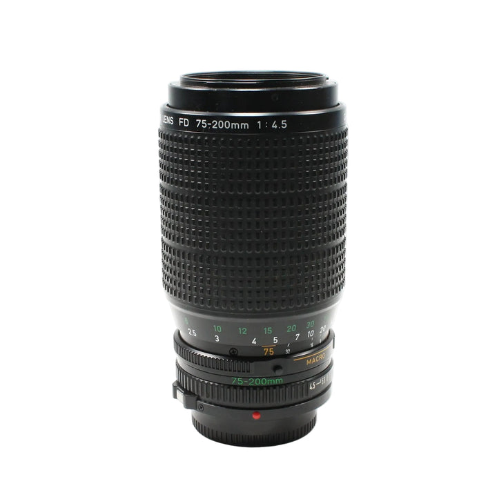 Canon FD 75-200mm f/4.5 lens at ClubCamera.com showing textured grip ring and green focal length markings