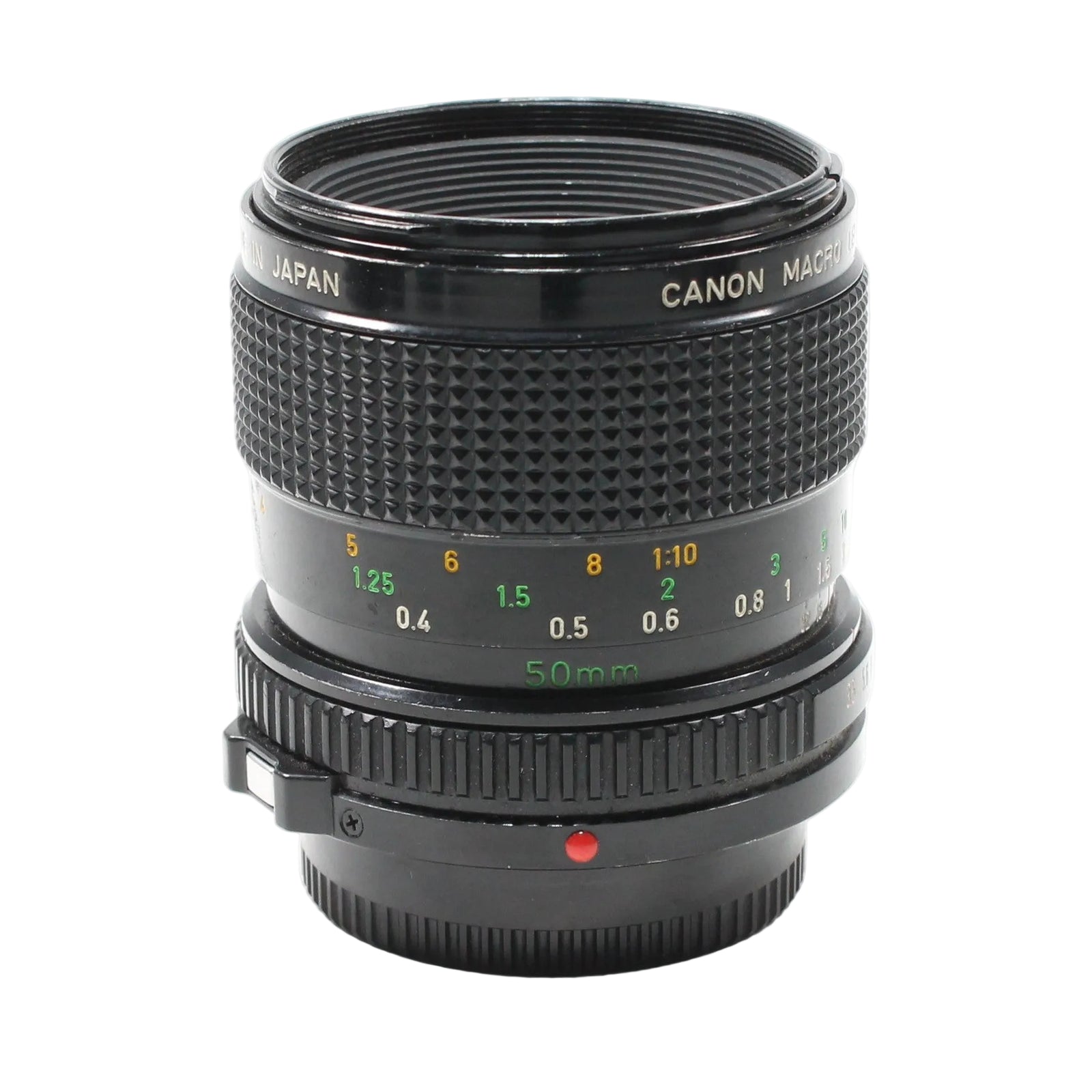Front view black Canon FD 50mm f/3.5 Macro lens with gold lettering and focus rings at ClubCamera.com