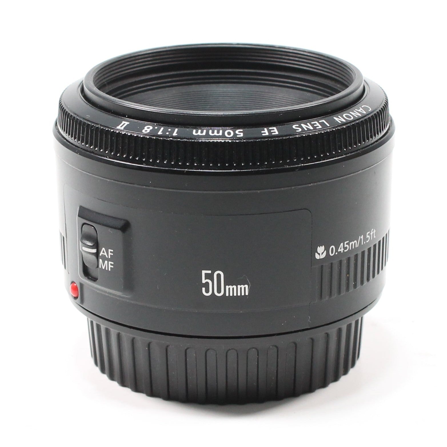 Canon EF 50mm f/1.8 II lens front view with red AF/MF switch and distance scale from ClubCamera.com