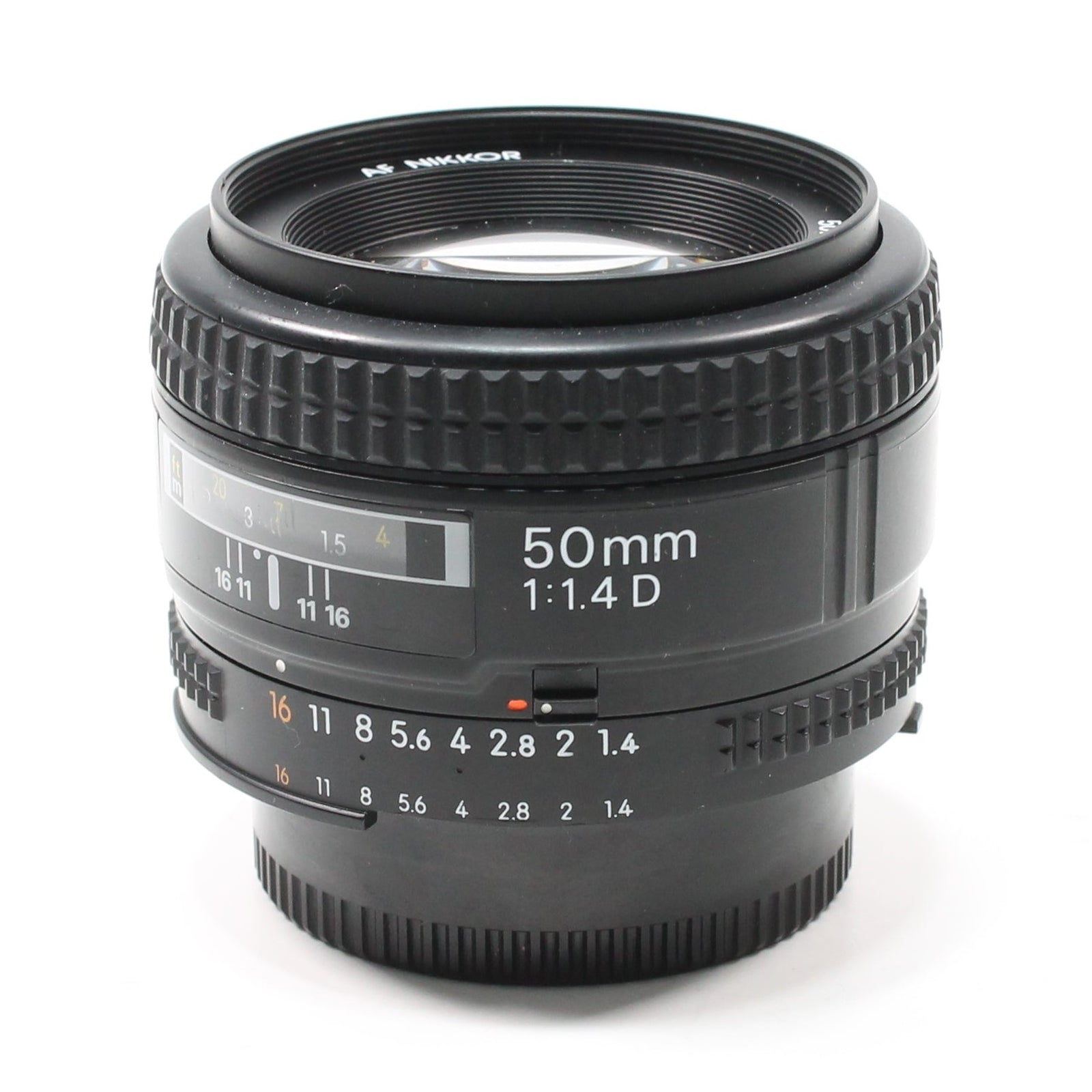 Nikon AF Nikkor 50mm f/1.4D prime lens with textured focus ring and white orange markings by ClubCamera.com