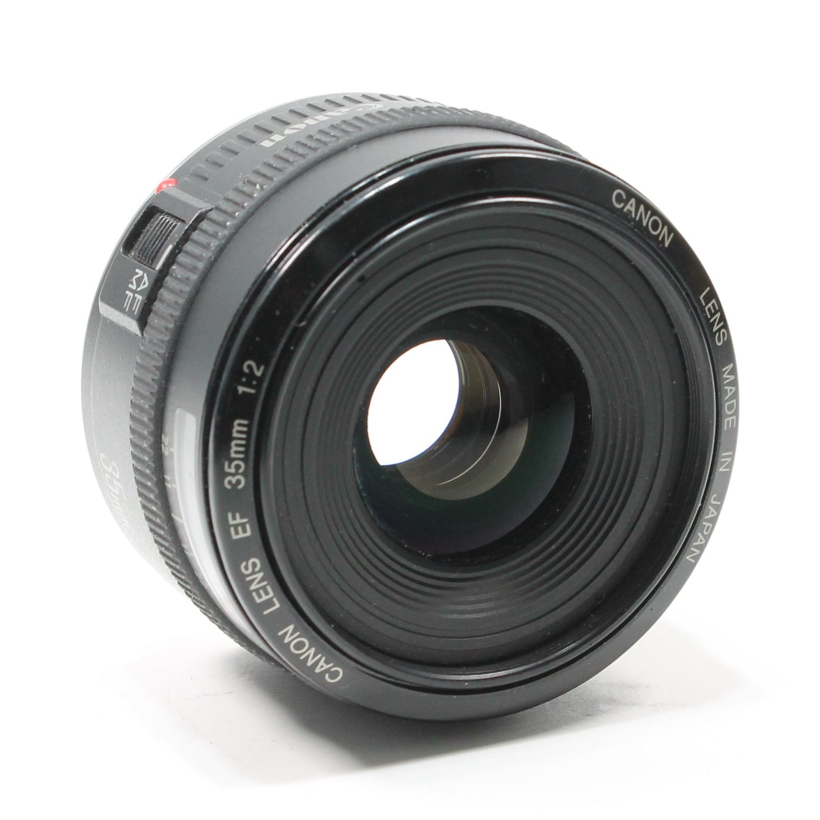 Canon EF 35mm f/2 wide-angle prime lens by ClubCamera.com showing matte black barrel with textured focus ring and engraved specs