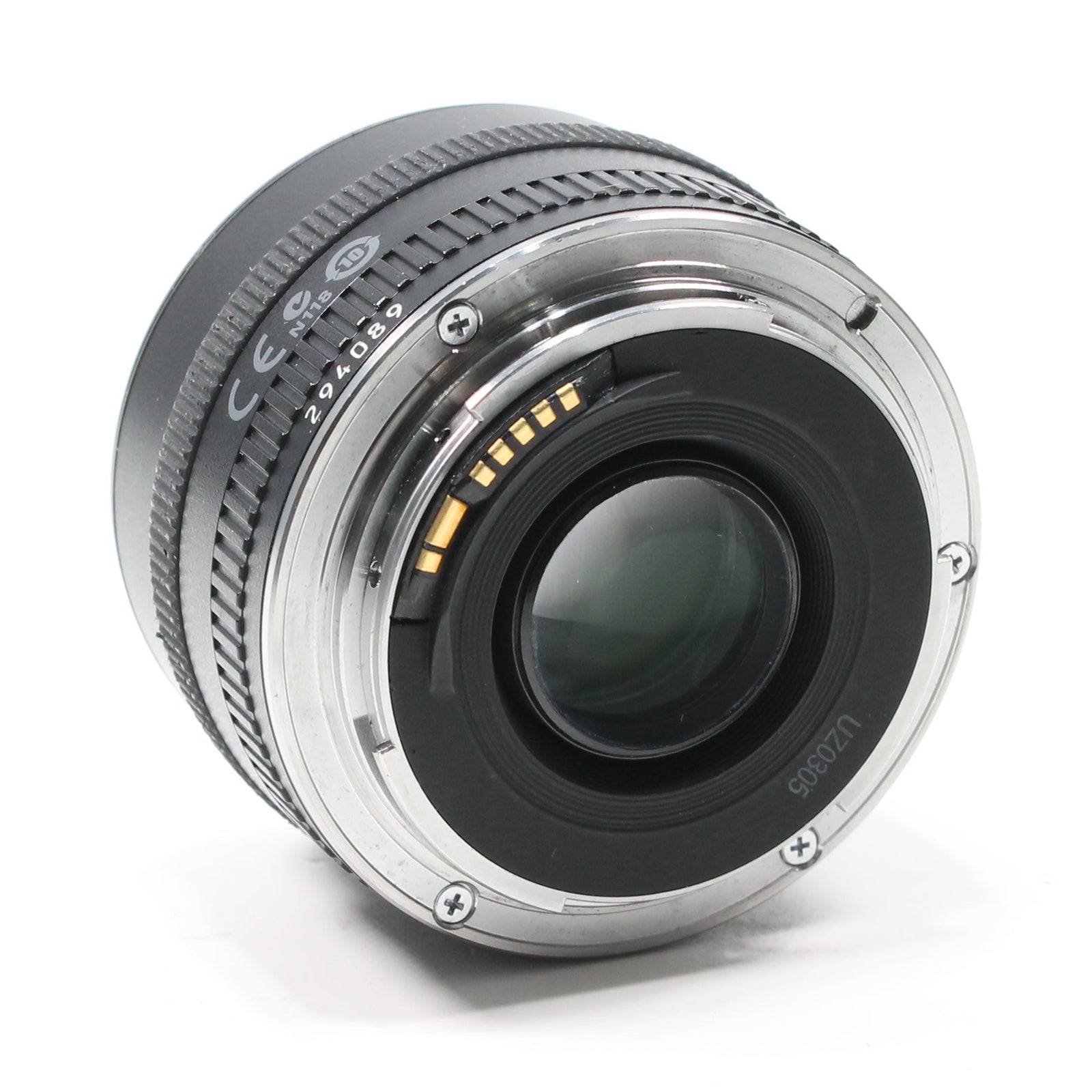 Rear view of Canon EF 35mm f/2 lens at ClubCamera.com displaying silver metal mount interface with gold contacts and serial number