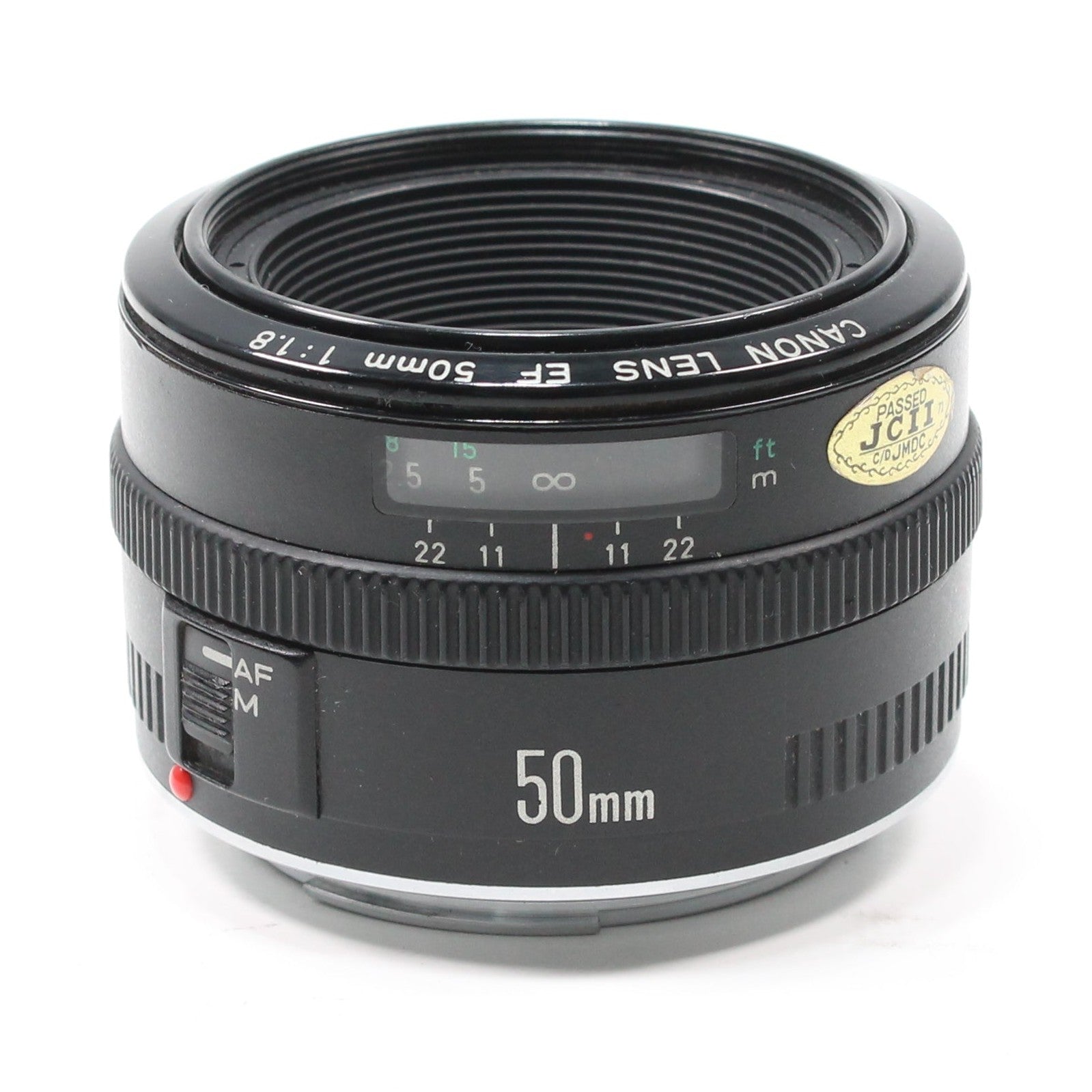 ClubCamera.com Canon EF 50mm f/1.8 prime lens front view with JCIT certification sticker and textured grip rings